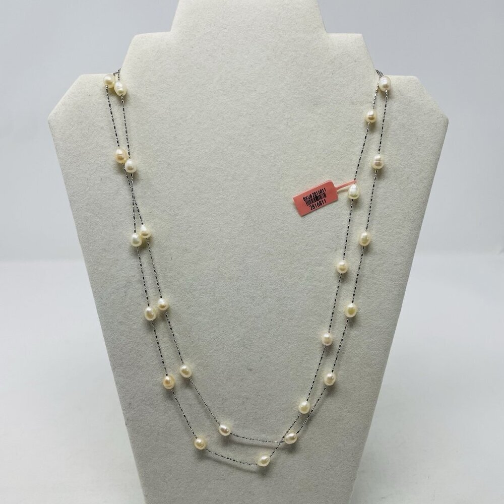 Freshwater Peach Pearl Silvertone Station Long‎ Necklace 47inch Long 5038